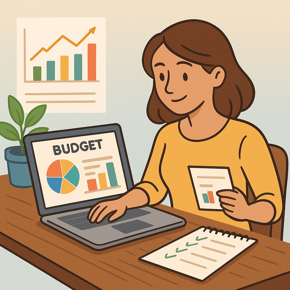 Person budgeting with laptop, charts and lists on screen