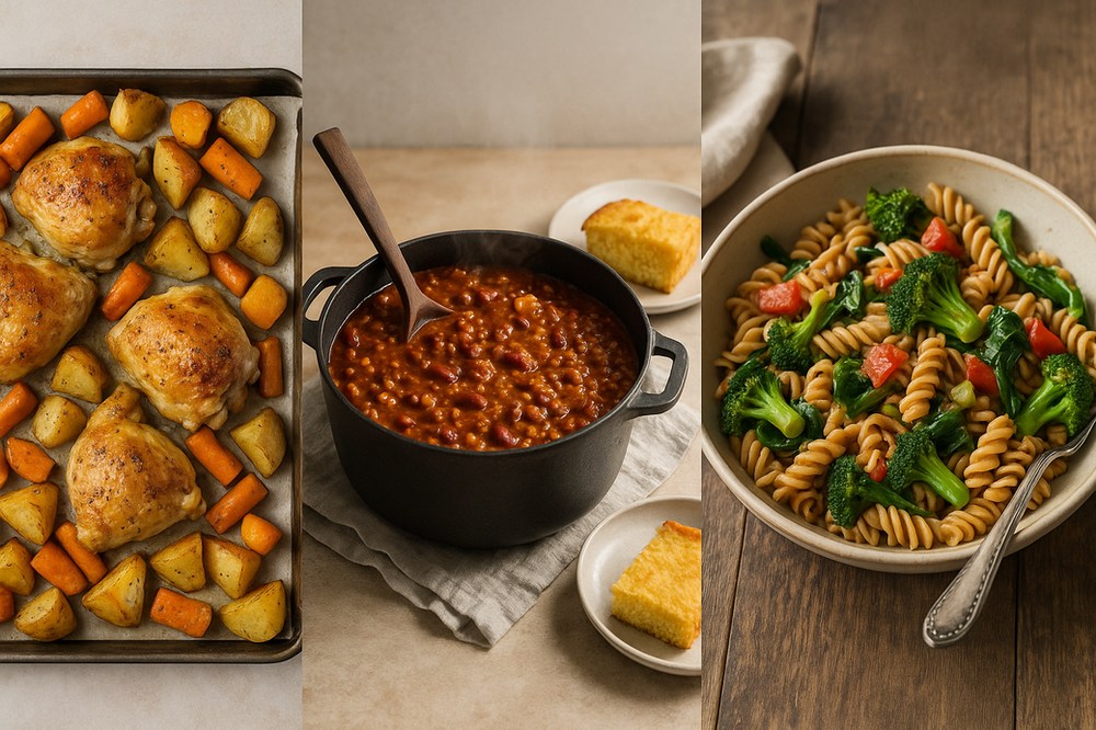 Three anchor meals for the week sheet pan chicken chili and veggie pasta