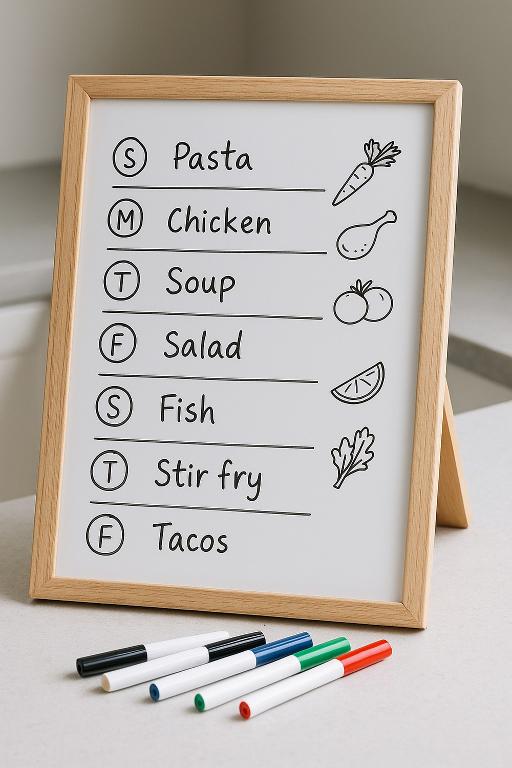 Seven day dinner plan with simple meals on a weekly board