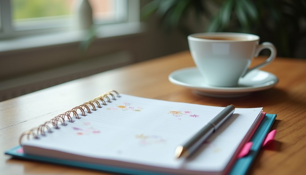 Close-up view of a planner with colorful notes and a cup of coffee on a table