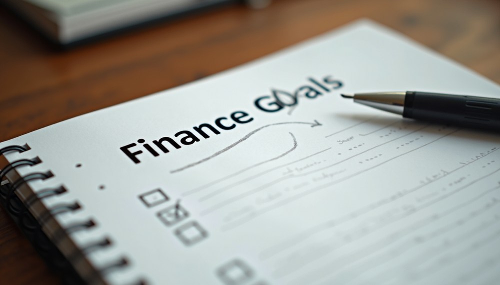 Close-up view of a notebook with financial goals and a pen on a wooden desk