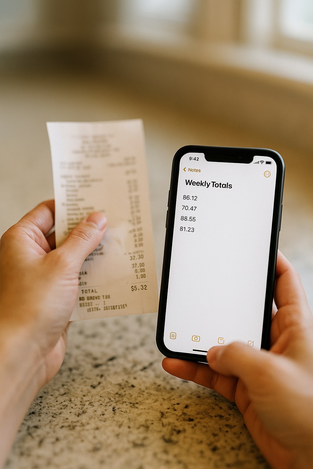 Tracking weekly grocery spending with a receipt and phone notes