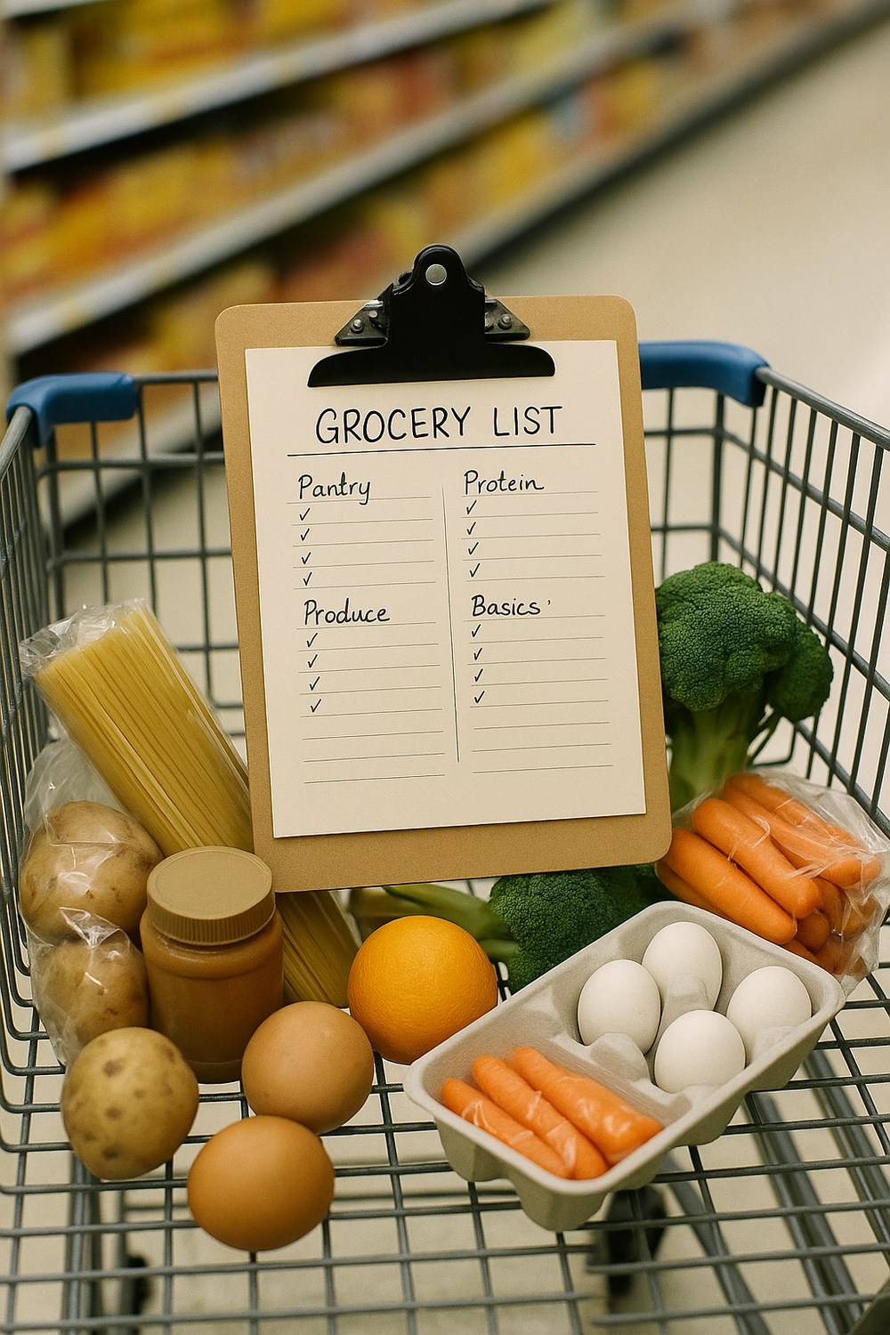 Budget grocery list by category on a clip board in the cart