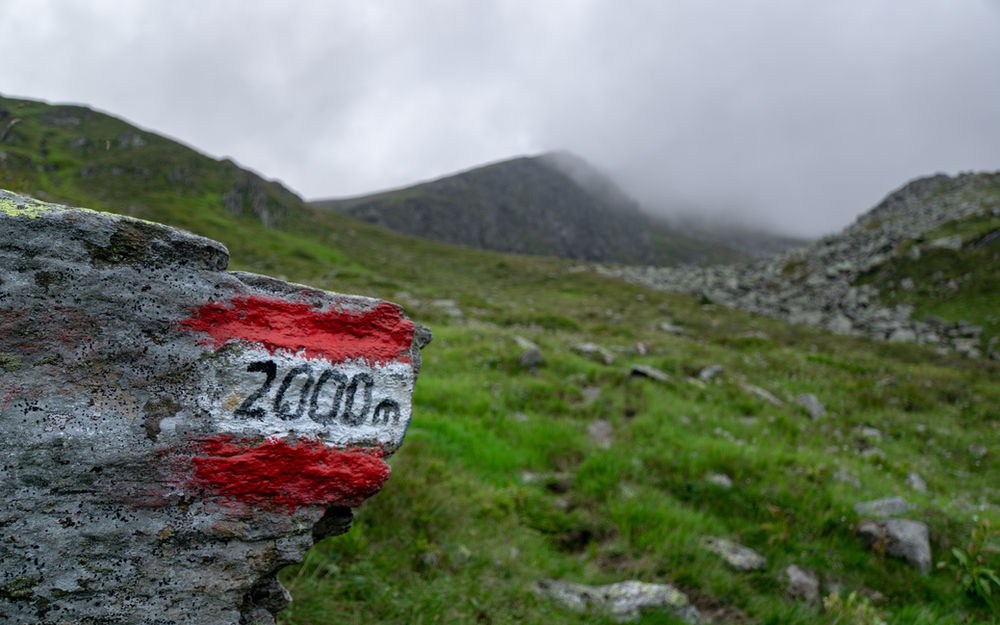 Rock with red and white markings reading "2000m" in a misty mountain landscape. Green grassy terrain with cloudy sky. Mood: serene.