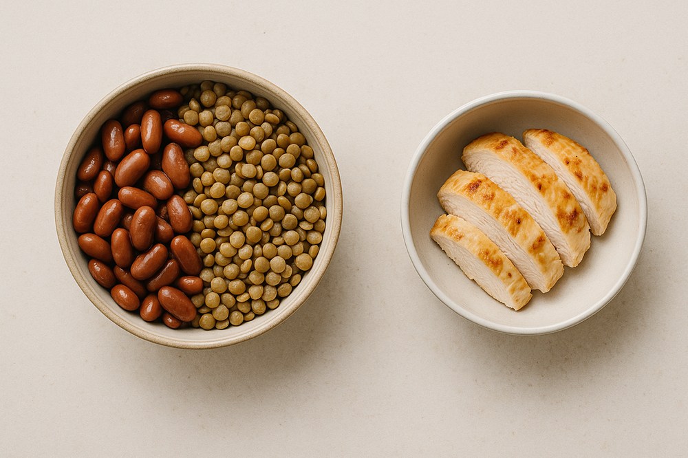 Plant forward protein swap with beans lentils and a small portion of chicken