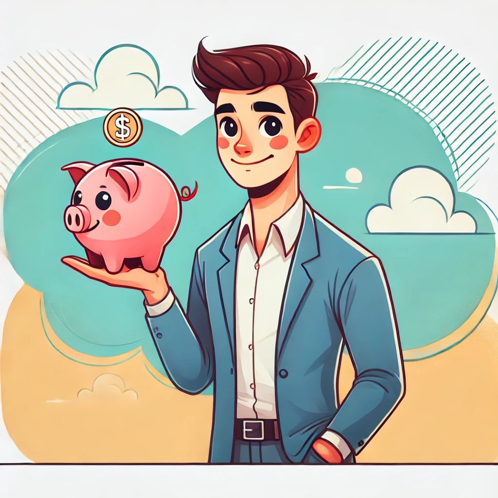 Man in a suit holds a pink piggy bank with a dollar sign above it. Colorful cartoon clouds and circles in the background, cheerful mood.