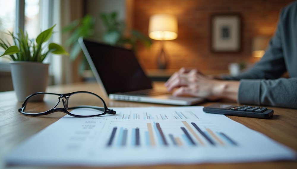 Eye-level view of a cozy home office with a laptop and financial planning documents