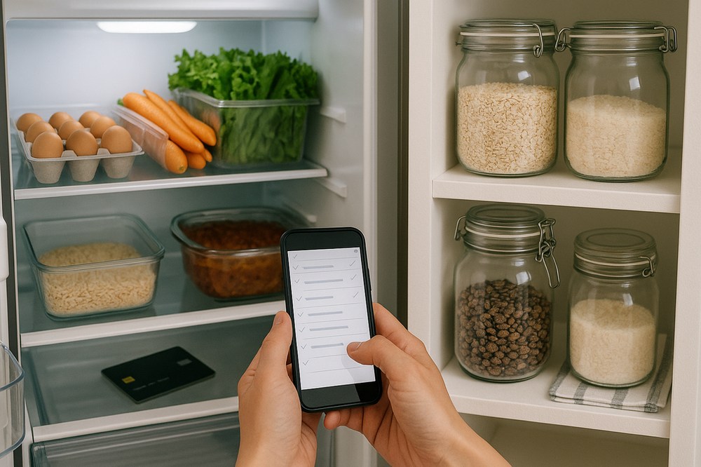 Checking fridge and pantry before shopping using a phone checklist