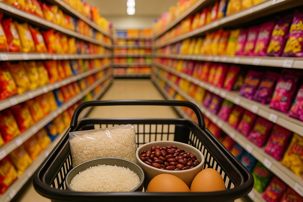 Snack aisle temptation versus a basket of simple staples