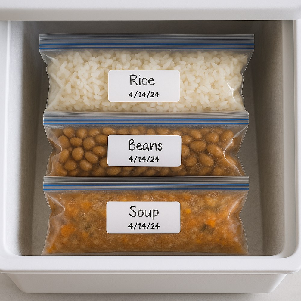 Freezer meal prep with labeled bags of rice beans and soup
