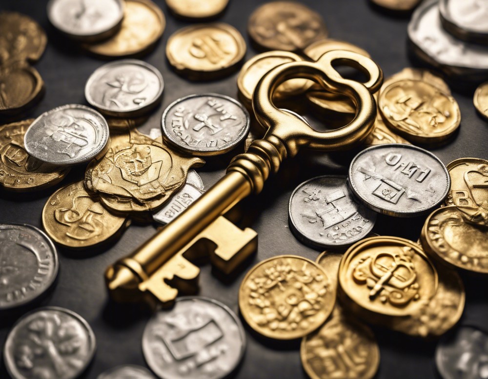 A golden key resting on a pile of gold and silver coins, symbolizing financial literacy as the key to unlocking wealth and financial success.