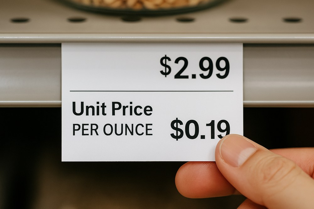 Close up of a supermarket tag showing the unit price per ounce