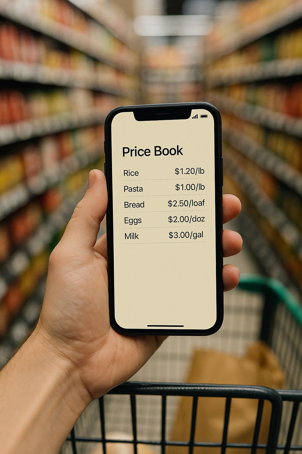 Simple grocery price book on a phone with unit prices for staples