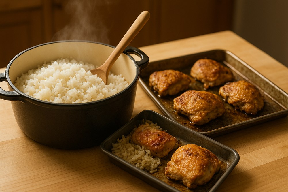 Batch cooking a base of rice and protein for the week