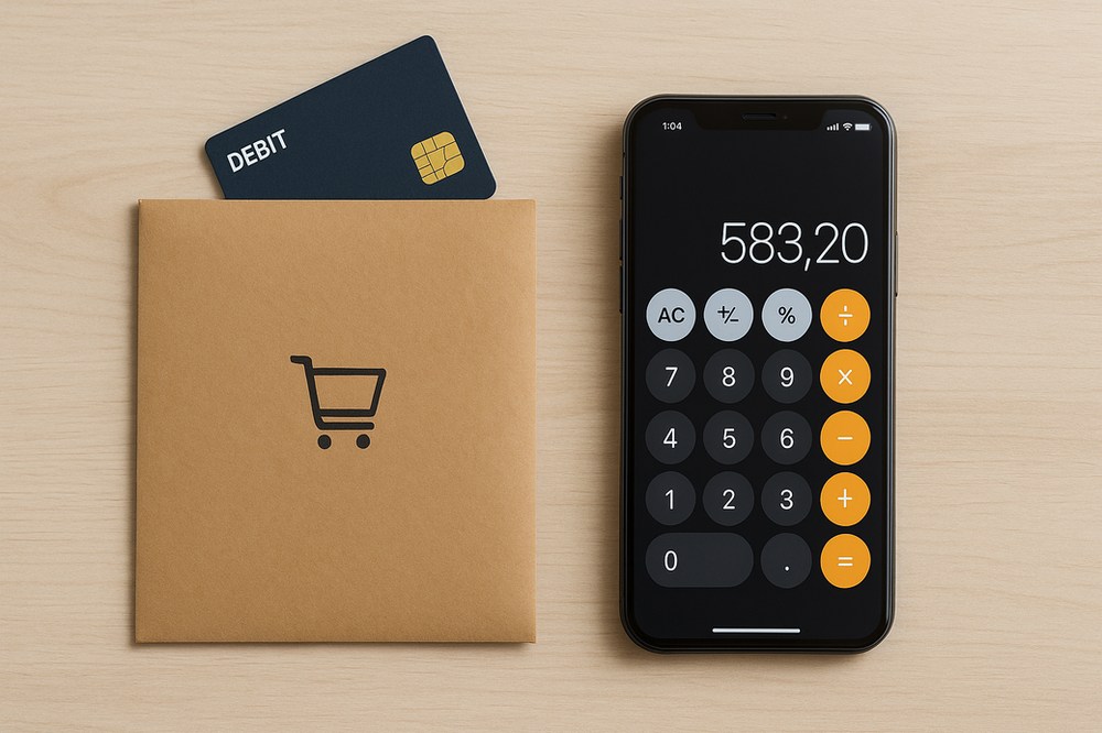 Weekly grocery cap shown with envelope method and a calculator total